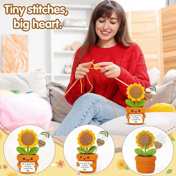 Crochet Sunflower Motivational Gift – It’s a Good Day to Have a Good Day – Handmade Positive Vibes Desk Decor for Teacher, Coworker, Friend, Office or Home Emotional Self Care Support