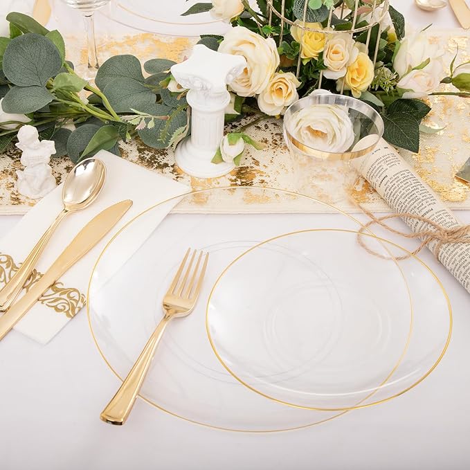Nervure 100 Pieces Clear and Gold Plastic Plates - 10.25inch Gold Dinner Plate - Heavyweight Clear Disposable Plates Ideal for Party & Wedding & Thanksgiving
