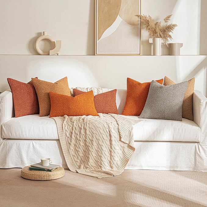 MIULEE Fall 18x18 Inch Decorative Pillow Covers for Couch Bed Set of 2 Textured Boucle Neutral Throw Pillows Orange Accent Solid Cushion Pillowcase Cozy Soft Sofa Livingroom Home Decor