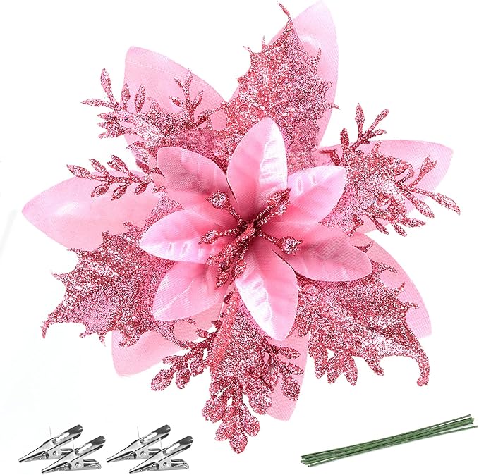Christmas Poinsettia Artificial Flowers Decorations 5.5" Christmas Tree Wreaths Garland Decoration 12 Pcs Glitter Flowers Picks Decor for Xmas New Year Wedding Party Ornaments (Pink)