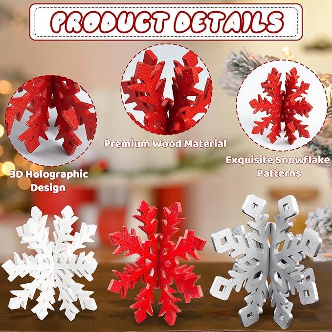 OuMuaMua Winter Christmas Centerpiece Table Decorations - 24pcs Wooden Snowflakes Decor 3D Red White Snowflake Tabletop Decor Snowflake Centerpiece for Xmas Holiday Tiered Tray Winter Farmhouse