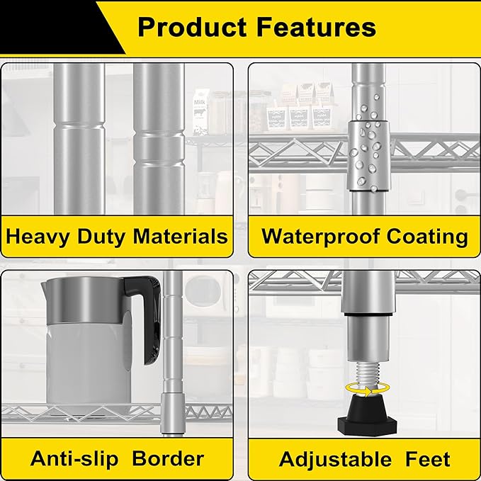 GIOTORENT 5-Wire Garage Shelving Storage Shelves, Kitchen Storage Adjustable Shelf, Metal Shelves 500Lbs Capacity 21" L x 11.8" W x 53.8" H for Laundry Bathroom Pantry Closet, Grey