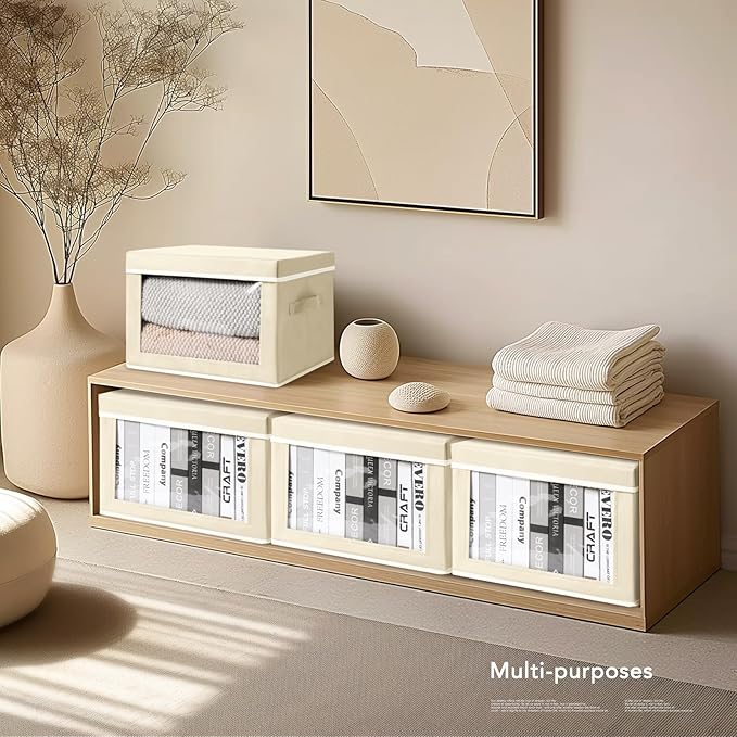 Storage Boxes with Lids - 4 Pack Fabric Clear Window Storage Bins, Large Decorative Storage Bins with Handles, Linen Closet Organizer for Clothes, Towel, Blanket, Beige