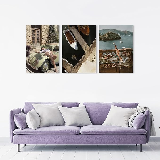 UCRAASDEB Fashionable Women Wall Décor, Mediterranean Coast Landscape Wall Art Set - Framed Vintage Travel Coastal Canvas Prints for Living Room Bedroom or Office 24L x 16W Ready to Hang Home Décor