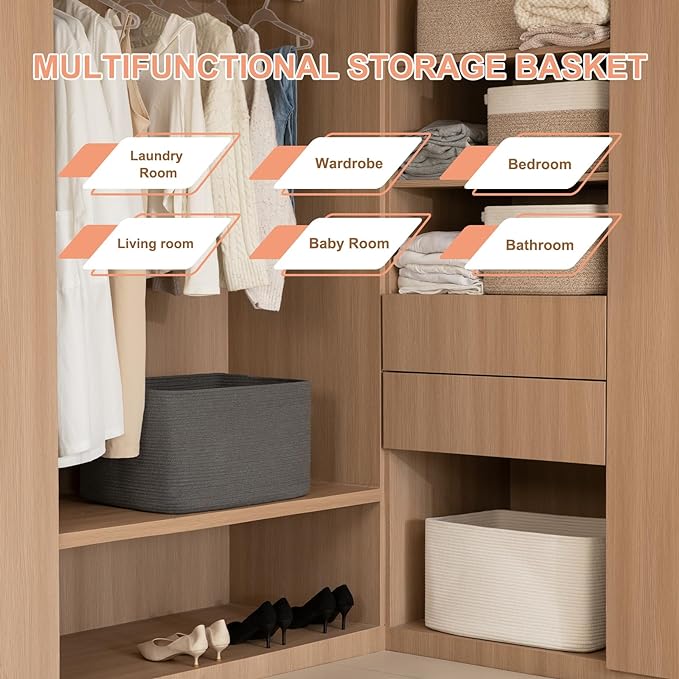 OIAHOMY 75L Large Blanket Basket, Storage Baskets with Handle, Rectangle Woven Cotton Rope Basket, Toy Organizer Bins, 22" x 17"x 12" in,Charcoal Black