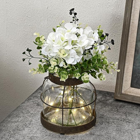 Farmhouse Glass Lantern Vase Vintage Flower Vases with Plants Hydrangea Lights Rustic Floral Arrangement Centerpieces Home Decor Hostess Housewarming Gift