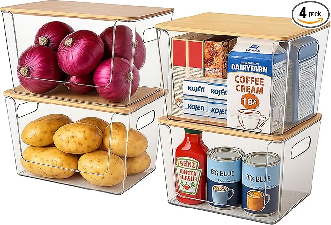 4-Pack Stackable Potato & Onion Storage Bins with Ventilated Design & Removable Dividers - Eco-Friendly Bamboo Vegetable Containers for Pantry, Kitchen Countertop - Garlic, Veggies, Produce Organizer