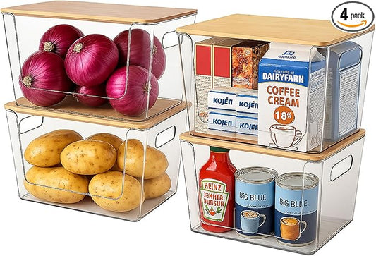4-Pack Stackable Potato & Onion Storage Bins with Ventilated Design & Removable Dividers - Eco-Friendly Bamboo Vegetable Containers for Pantry, Kitchen Countertop - Garlic, Veggies, Produce Organizer