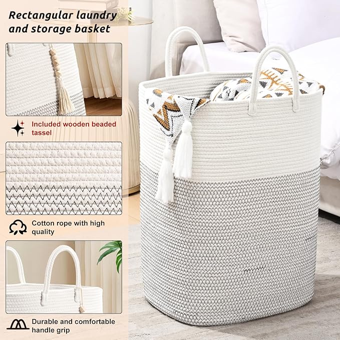 Woven Laundry Basket for Clothes, 100 L Large Rectangle Laundry Hampers with Beads Tassel, Nursery Storage Basket for Toys, Tall Dirty Clothes Hamper for Bedroom Aesthetic, Laundry Room Organization