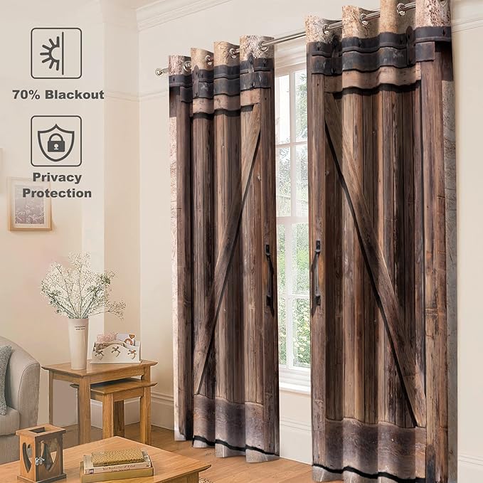 Jekeno Rustic Wood Blackout Curtains Vintage Wooden Barn Door Farmhouse Home Bedroom Living Room Decor Brown Grommet Window Drapes 2 Panel Set, 52"x63"
