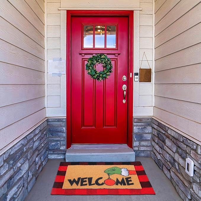 2 Pcs Christmas Welcome Door Mat Lime Green Hand Outdoor Welcome Mats for Front Door Non Slip Xmas Coir Floor Mat Black White Checked Christmas Rug for Outside Front Porch Entryway Decor