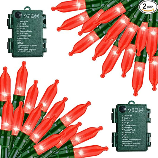 Battery Operated Red String Lights, 2 Pack 18 Feet 50 LED Clear Mini String Lights with 8 Modes Waterproof Tree Lights for Xmas Outdoor Indoor Holiday Party Garden Decor
