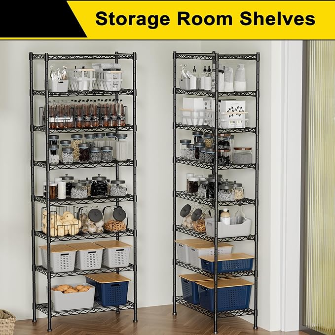 GIOTORENT 8-Wire Garage Shelving Storage Shelves, Kitchen Storage Adjustable Shelf, Metal Shelves 1600Lbs Capacity 24" Lx14 Wx72.2 H for Laundry Bathroom Pantry Closet, Black