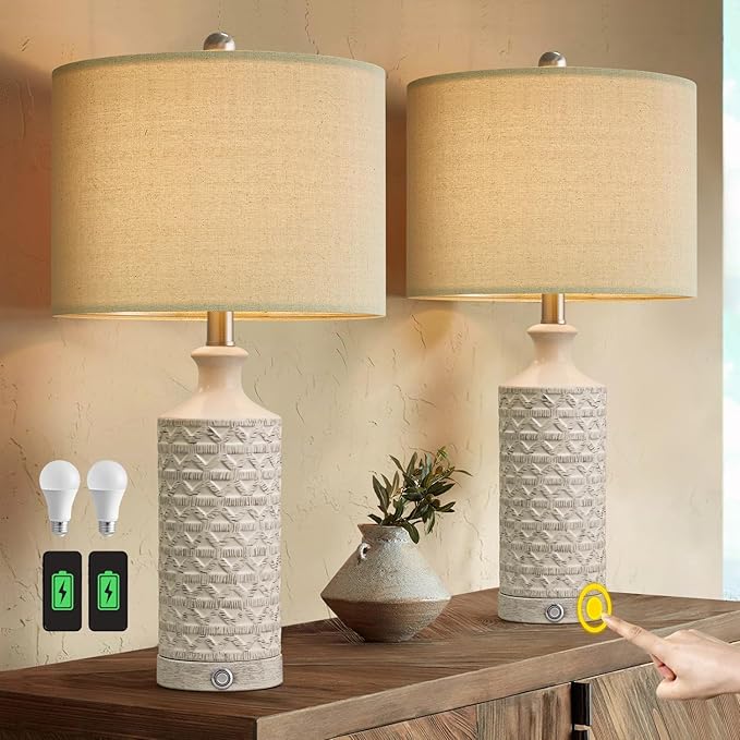 PoKat 24" Farmhouse Table lamp for Nightstands Set of 2 for Living Room, White Bedroom Bedside Lamp for Living Room, Ceramic Bedside Nightstand End Table Lamps, White