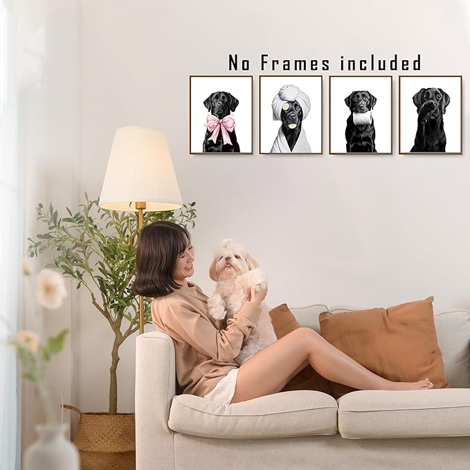FITIE Funny Black Labrador Retriever Bathroom Wall Art Posters Set of 4, Dog Bathroom Decor, Coquette Bow Humor Black Lab Dog Canvas Prints Artwork Wall Decor for Bath Wash Room, 8x10 Unframed