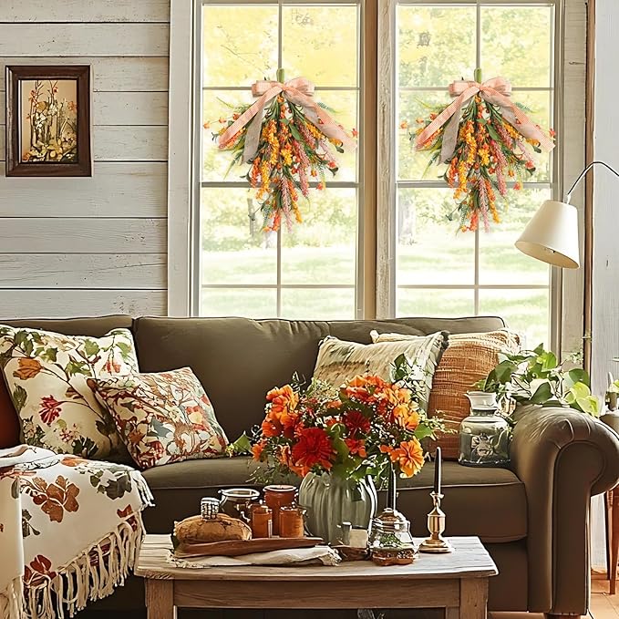 Set of 2 PCS Fall Swags with Artificial Flowers Berries for Front Door, Autumn Fall Teardrop for Indoor Outdoor, Harvest Thanksgiving Teardrops for Mailbox