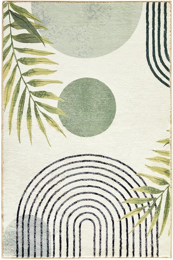 RoomTalks Boho Green Cute 3x5 Small Area Rugs Washable, Modern Abstract Geometric Shape with Tropical Leaves Non Slip Throw Rugs for Bedroom Kitchen Entryway Indoor Doormat Stain Resistant