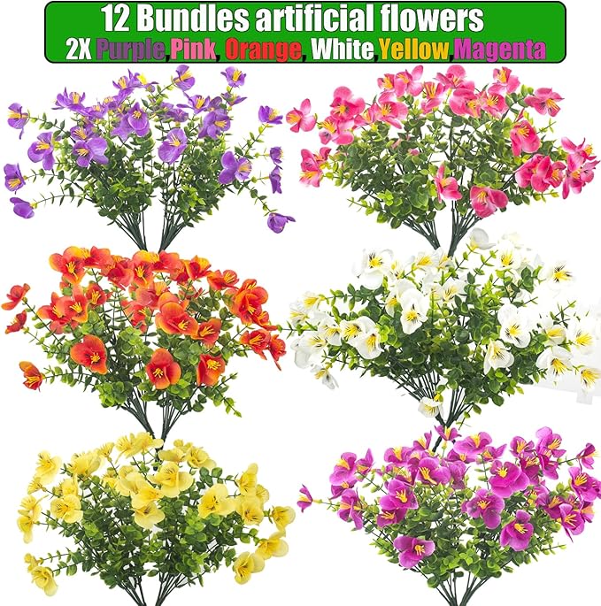Outdoor Artificial Flowers UV Resistant - Realistic Faux Floral Arrangements for Garden, Patio, Porch Décor - All-Weather Fade Proof & Low Maintenance (12 Pack, Mixed Styles)