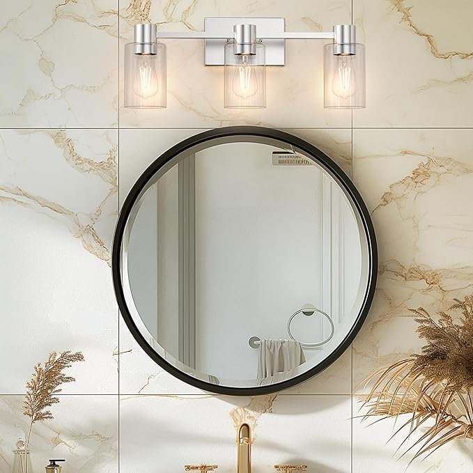 3-Light Brushed Nickel Wall Sconces for Bathroom, Modern Vanity Light Fixtures Over Mirror, Wall Lamp with Clear Glass Shade, E26 Wall Sconces Over Mirror for Bathroom, Living Room, Hallway