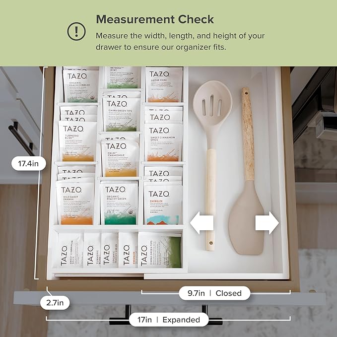 Tea Bag and Coffee Pod Kitchen Drawer Organizer, Expandable 9.7 to 17 Inches, 10 Storage Compartments, Adjustable Wall Inserts, Non-Slip Feet, Food-Safe White Finish, 100% Bamboo Wood