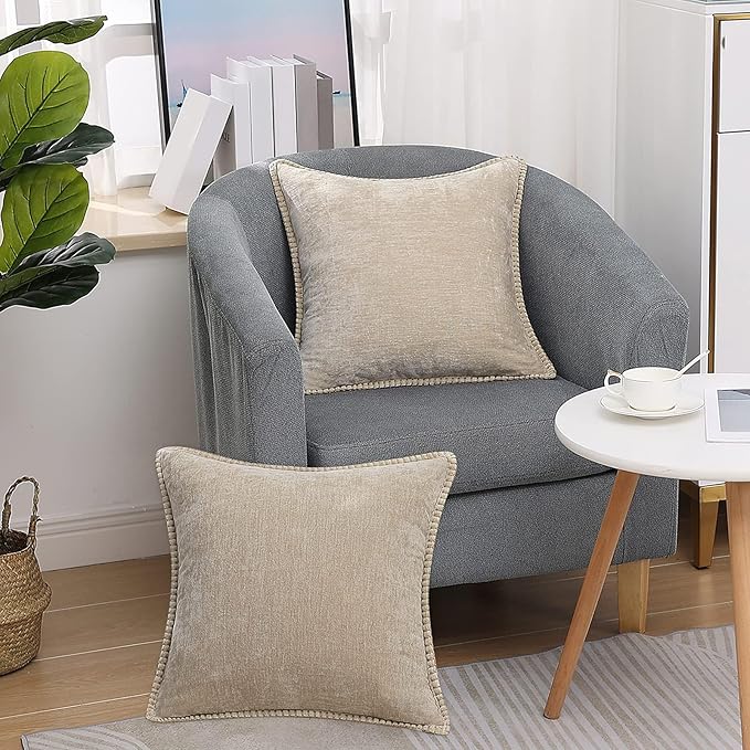 decorUhome Chenille Soft Throw Pillow Covers 26x26 Set of 2, Farmhouse Velvet Neutral Decorative Euro Pillow Covers with Stitched Edge for Couch Sofa Bed Home Decor, Beige