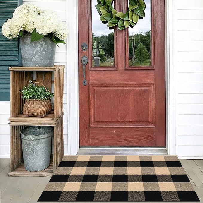 KOZYFLY Buffalo Plaid Area Rugs 2x3 Ft Brown and Black Checkered Rugs Washable Front Door Mat Hand Woven Cotton Outdoor Small Rug for Front Porch Kitchen Entryway Patio Bathroom