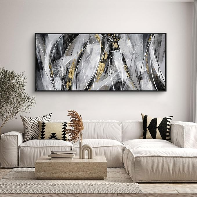KLAKLA Abstract Frame Wall Art - Black and White Picture for Living Room Black and Gold Framed Artwork Canvas Art Work for Office Home Decor Bedroom Wall Decoration - 70x31 Inches