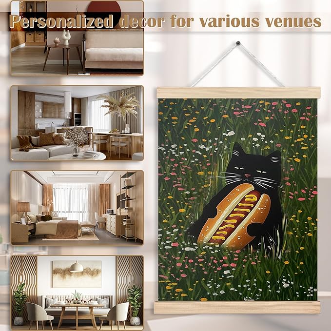 Floral Black Cat Wall Art Poster, Cat Room Home Decor, Colorful Wildflowers Black Cat with Hot Dog Canvas Wall Art Prints for Home Office, 12x16 Inches