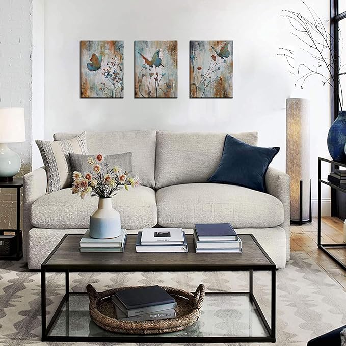 Biuteawal 3 Panel Canvas Print Teal Brown Butterfly Flower Painting Wall Art Plant Floral Picture Print on Canvas Vintage Artwork for Home Living Room Bedroom Bathroom Wall Decor Ready to Hang