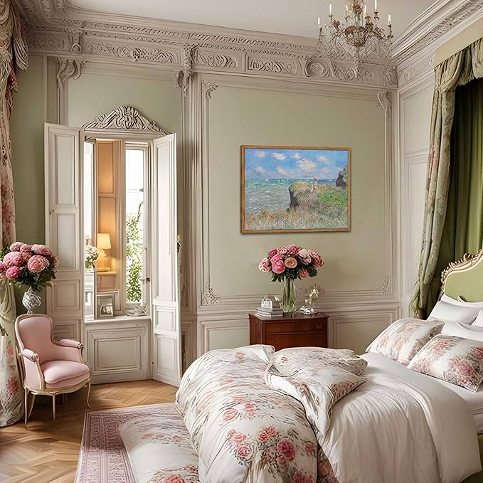 Framed Vintage Monet Wall Art Coastal Decor – Impressionist Seaside Oil Painting Canvas Prints – Nature Beach Scene Landscape Aesthetic Wall Decor for Living Room Bedroom Bathroom – 12"x16"