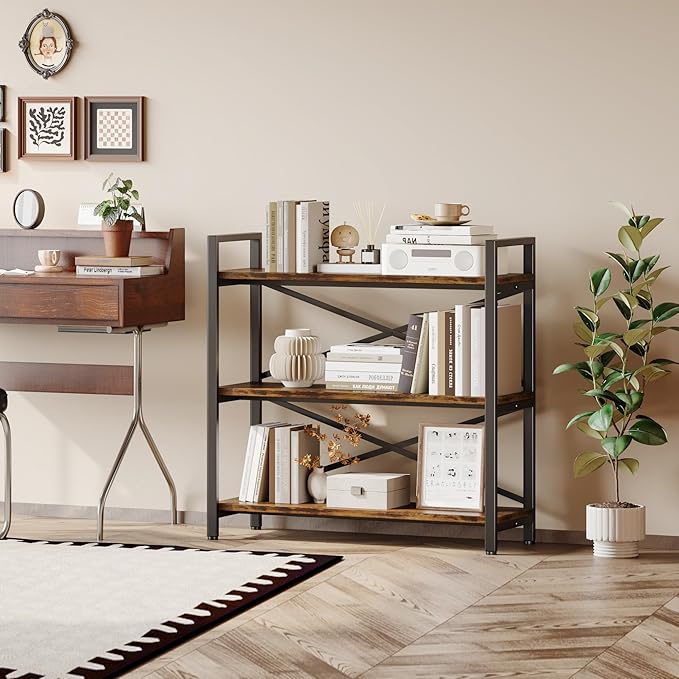 Homeiju 3 Tier Bookshelf 31.49" Width, Wood and Metal Etagere Bookcase, Vintage Farmhouse Modern Wooden Big Book Shelf for Home Living Room Bedroom Office Storage(Rustic Brown)