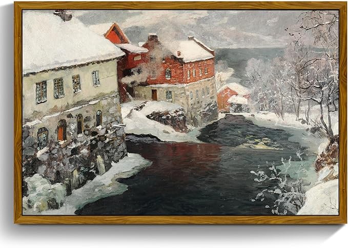 crmotu Framed Canvas Wall Art, Country Winter Scene Vintage Art Prints, Riverside Old Architecture Landscape Painting, Snow Scenery Rustic home Decor Living Room Bedroom, Farmhouse Wall Decor 20x30in