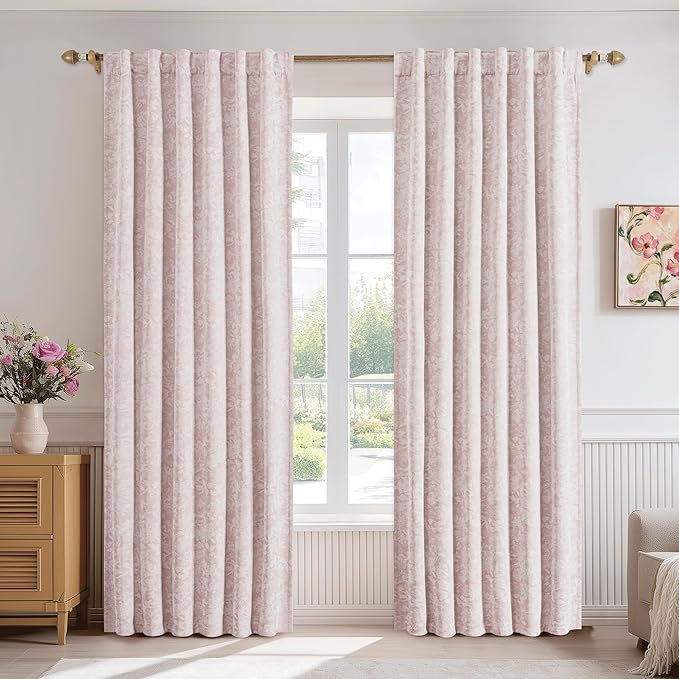 Beauoop Pink Floral Jacquard Blackout Curtains 84 Inches Long 2 Panels for Girls Bedroom Living Room Chenille Flower Room Darkening Thermal Insulated Soundproof Rod Pocket Back Tab Window Drapes 52x84