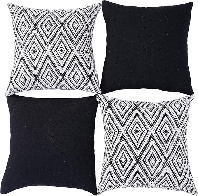 HPUK Decorative Throw Pillow Covers Set of 4 Geometric Design Linen Cushion Cover for Couch Sofa Living Room, 18"x18" inches, Black