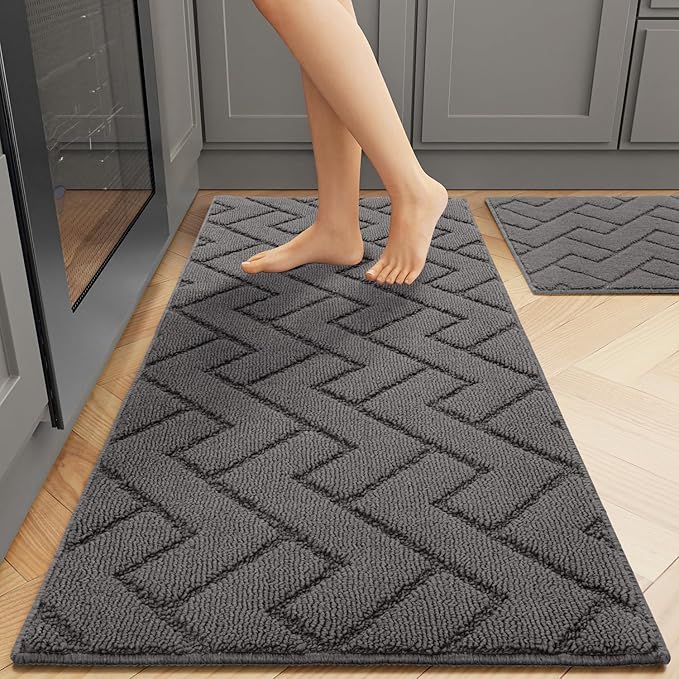 hicorfe Kitchen Rugs and Mats Sets,2 Pieces Super Absorbent Polypropylene Non-Slip Rug,Soft Comfort Floor Mat,Machine Wash for Kitchen,Hallway,Office,Sink,Laundry(20" x 31.5"+20" x 48",Grey)