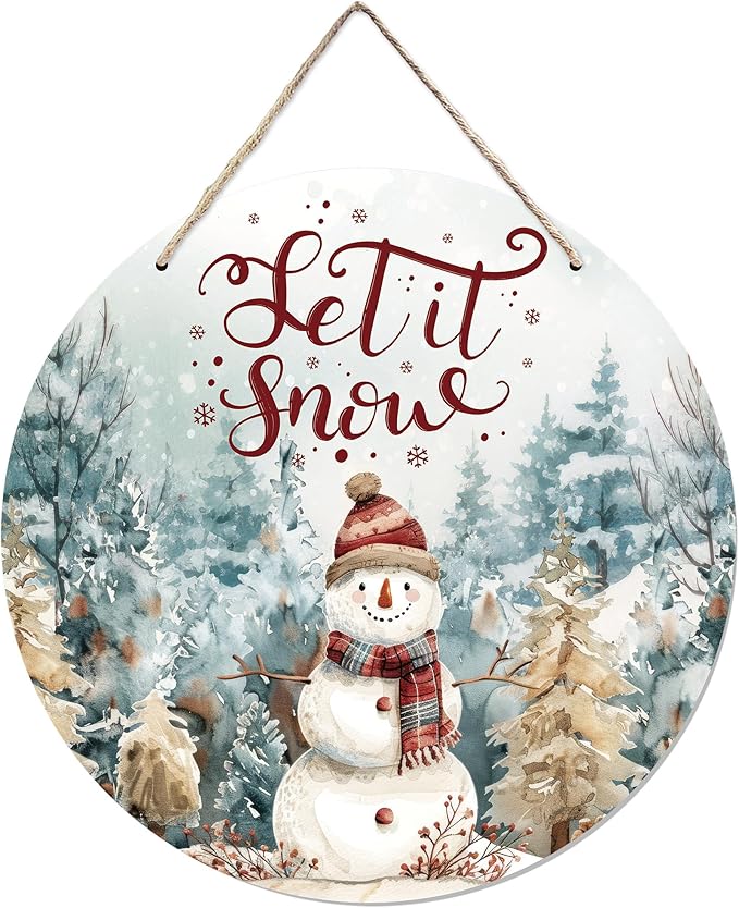 CGBHW Winter Snowman Wooden Sign, Christmas Xmas Pine Tree Landspace Hanging Sign Wall Decor for Farmhouse Home, Holiday Snowy Let it Snow Rustic Door Decor 12 x 6 Inch