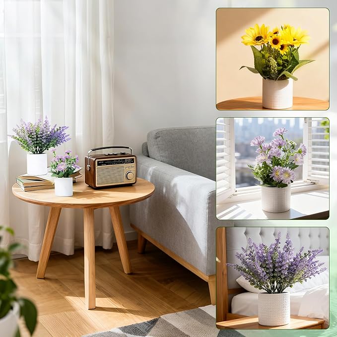 FGSAEOR Mini Potted Fake Plants, Small Artificial Greenery Realistic Plants Topiaries, Low Maintenance, for Home Office Shelf Desk Farmhouse Room Coffee Table Decor (3-Pack) (Purple Yellow)