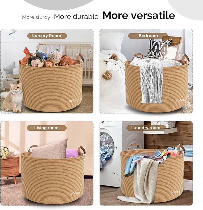 Extra Large Storage Laundry Basket 22" X 22"X 14" Cotton Rope Woven Basket for Blanket Basket with Handles for Living Room Toys Storage XXXL (Pure Jute)