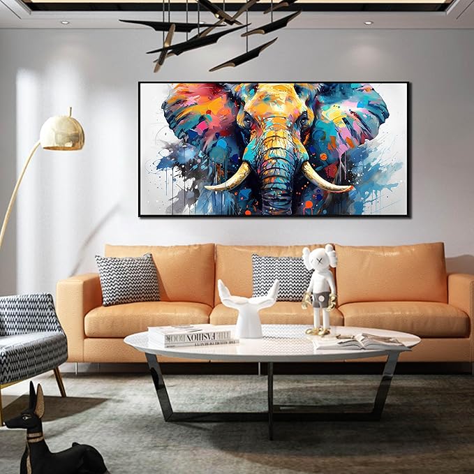 ZHAOSHOP Elephant Wall Art for Living Room - Blue Canvas Wall Art for Office - Teen Bedroom Decor Boys with Black Framed Size 24" x 48"