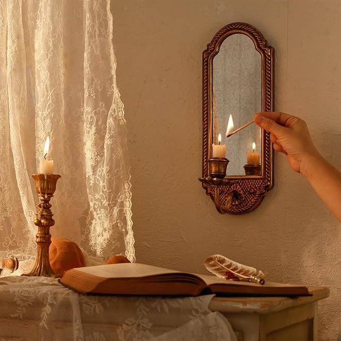 SOFFEE DESIGN Vintage Gold Wall-Mounted Candle Sconce with Mirror - Floral Base & 3D Woven Texture for Bathroom, Dining Room, Entryway