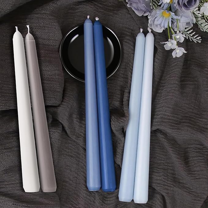 6Pcs Blue Taper Candles,10 Inch Gradient Color Blue Candle Sticks,Unscented Dripless Taper Candlesticks for Romantic Ocean Themed Wedding Party Kitchen Home Dinning Decor