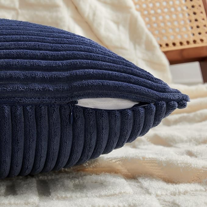 Fancy Homi 4 Packs Navy Blue Lumbar Decorative Throw Pillow Covers 12x20 Inch for Living Room Couch, Rustic Farmhouse Boho Home Decor, Soft Striped Corduroy Rectangle Accent Cushion Case 30x50 cm
