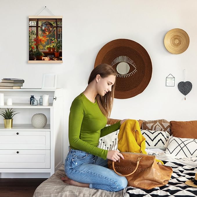 Vintage 1970s Funky Disco Ball Wall Art, 70s Home Room Decor, Retro Houseplants Warm Aesthetic Canvas Wall Art Poster Hanger Frame for Home Bedroom Living Room Bathroom Conservatory, 12x16 Inch