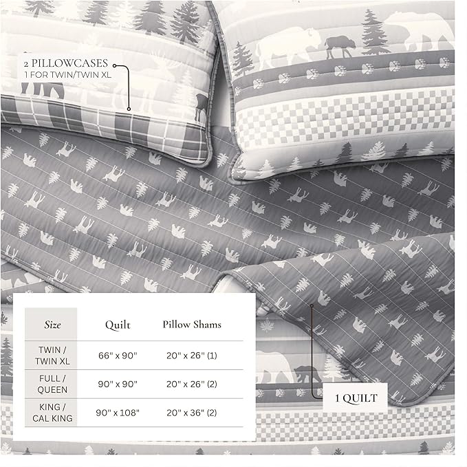 Rustic Cabin Full/Queen Size Quilt Set with Shams - All-Season, Lightweight, Reversible Bedspread - Lodge-Themed Summer Bedding Sets (Full/Queen, Rustic Landscape Grey)