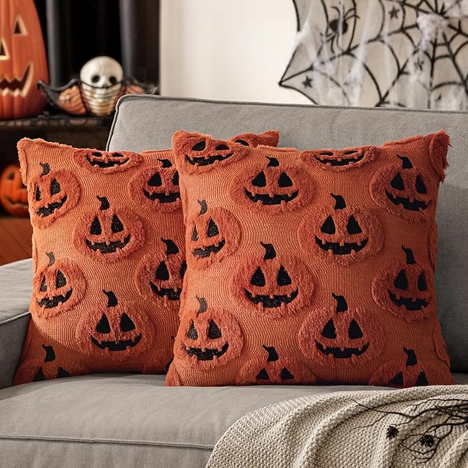 MIULEE Fall Halloween Throw Pillow Covers 18x18 Decorative Pumpkin Pattern Pillowcases Soft Plush Faux Wool Cushions for Home Patio Sofa Couch,Dark Rust