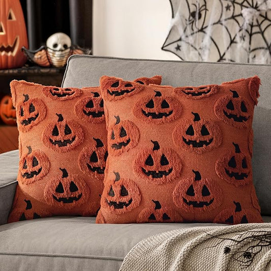 MIULEE Fall Halloween Throw Pillow Covers 20x20 Decorative Pumpkin Pattern Pillowcases Soft Plush Faux Wool Cushions for Home Patio Sofa Couch,Dark Rust