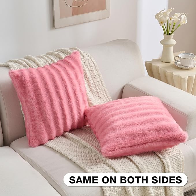FUTEI Blush Pink Decorative Throw Pillow Covers 12x20 Inch Set of 2,Soft Fluffy Faux Mink Fur Dyeing Striped Textured Lumbar Pillow Case,Modern Home Decor for Couch Bed Living Room