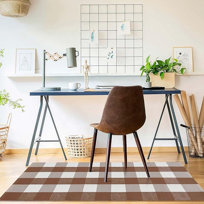 KOZYFLY Buffalo Plaid Area Rugs 2x4.3 Ft Coffee and White Checkered Rug Washable Front Door Mat Hand Woven Cotton Outdoor Rug Small Rug for Front Porch Kitchen Entryway Patio Bathroom