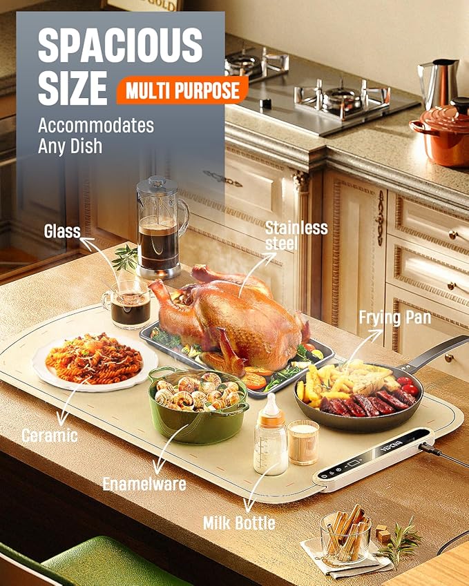 Warming Mat for Food, VEPOKA Food Warmer Mat for Countertop, Electric Warming Tray with 7 Temp Levels & Auto Shut-Off, Food Warmers for Parties, Ideal Gift for Kitchen & Buffet Use