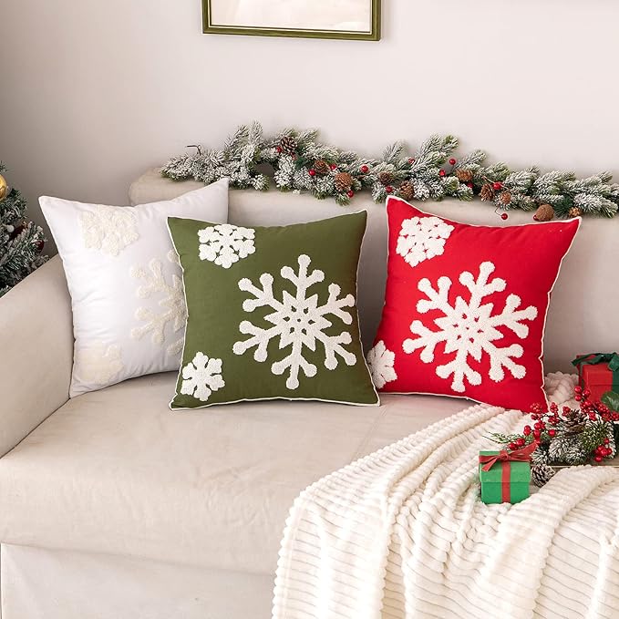 MIULEE Pack of 2 Christmas Decorative Snowflake Throw Pillow Covers Canvas Embroidery Winter Cushion Cases Holiday Decor Soft Pillowcases for Winter Couch Sofa Bedroom Car（Army Green, 18x18in）